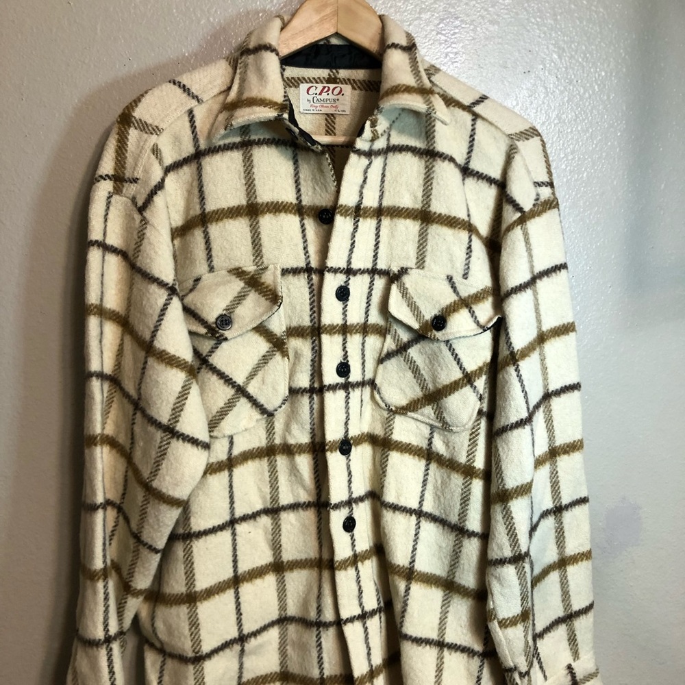 Mens Long Sleeve Button Down Dressy Cream Plaid Jacket shirt